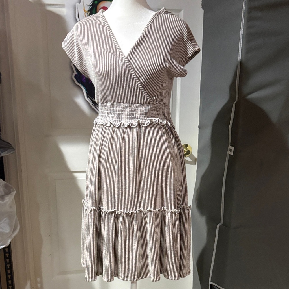 Caution To The Wind NWT Sz M Brown &Cream Striped V-Neck Ruffle Dress